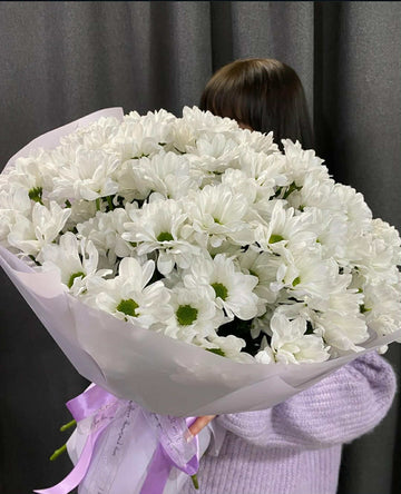 White Chrysanthemum Bouquet with Lavender Ribbons